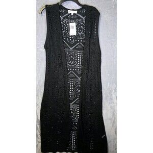 NWT Chelsea & Theodore Crochet Open Front Cardigan Sleeveless Duster Black Large